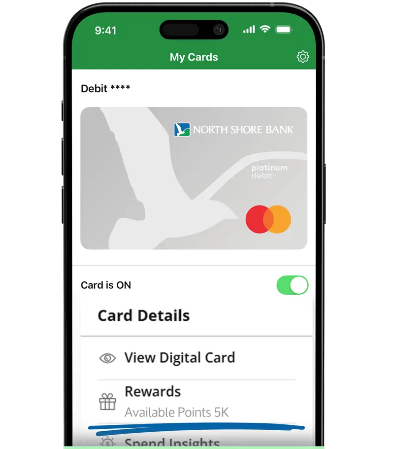 Image - North Shore Bank Mobile App "My Cards" Section with Debit Rewards Access
