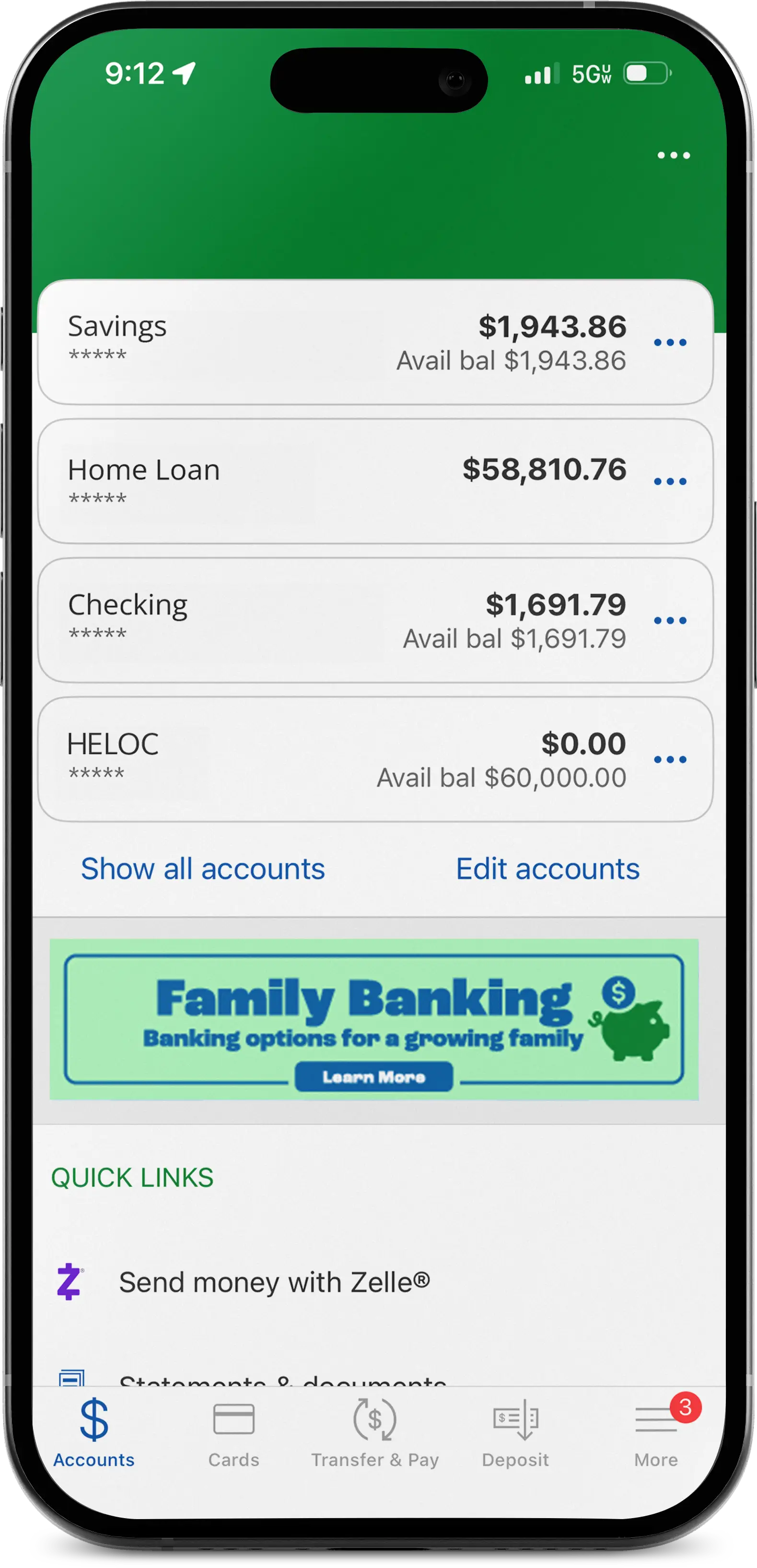 Image - North Shore Bank Mobile App Accounts Screen